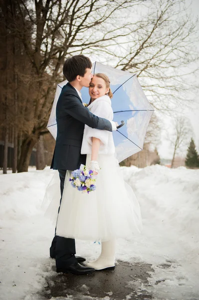 Nevěsta a ženich v parku v zimě — Stock fotografie