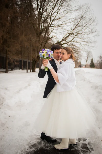 Bruden och brudgummen i parken i vinter — Stockfoto