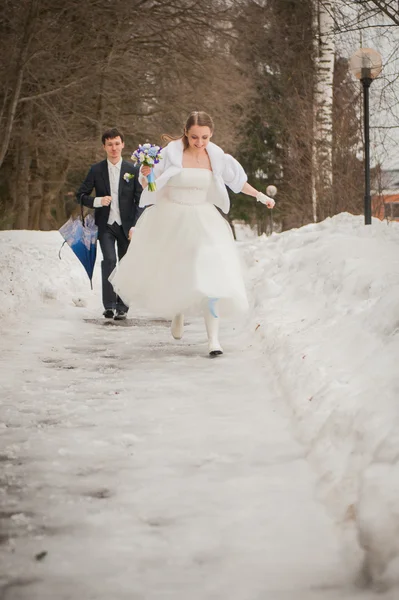 Bruden och brudgummen i parken i vinter — Stockfoto