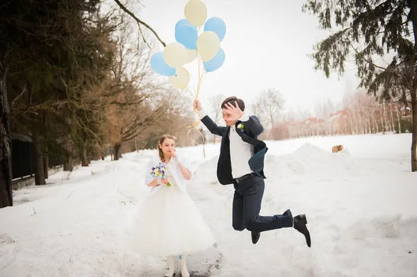 The bride and groom in the park in winter — Stock Photo, Image