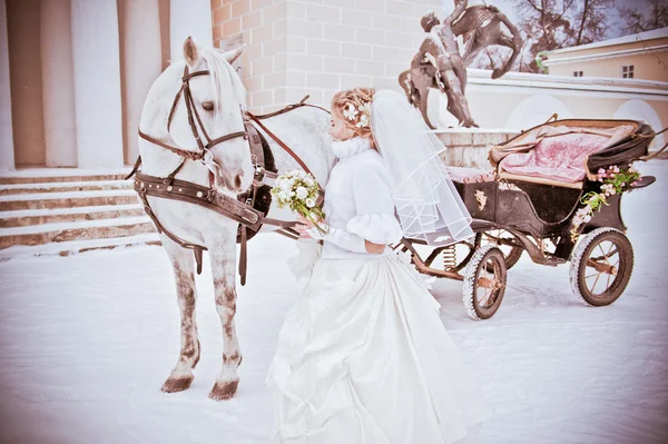 The beautiful bride with a horse in a winter park — Stock Photo, Image