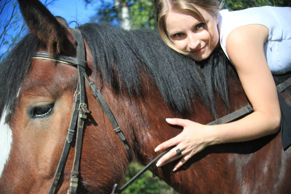 Dziewczyna i konia. Sfotografowany przez obiektyw zenitu. — Zdjęcie stockowe