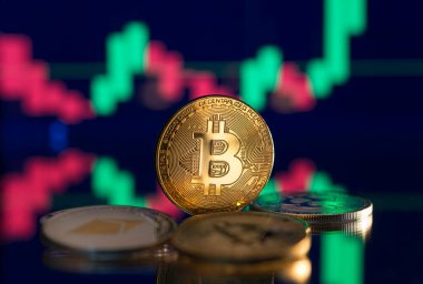 Bitcoin ve kripto para yatırım konsepti. Bitcoin şifreleme paraları. Kripto para değişimi ticareti. Bitcoin döviz kurlarındaki eğilimler. Bitcoin 'in yükseliş ve düşüş çizelgeleri