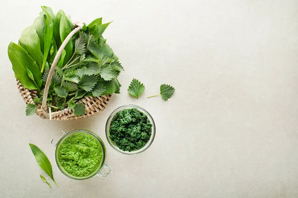 Bahar sağlıklı yiyecekler. Gri arka planda sağlıklı yemek için ısırgan otu ve Ramson pesto