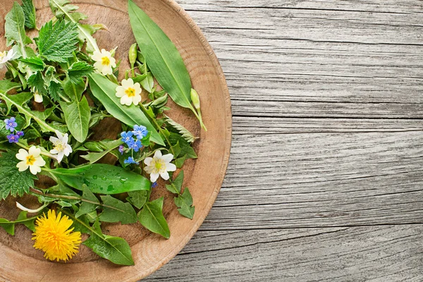 健康的な春の食材 タンポポ 野生のニンニクと皿の中のイラクサ — ストック写真