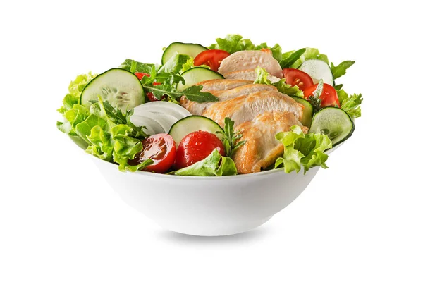 Frisse Groene Salade Met Kipfilet Tomaat Geïsoleerd Witte Achtergrond — Stockfoto