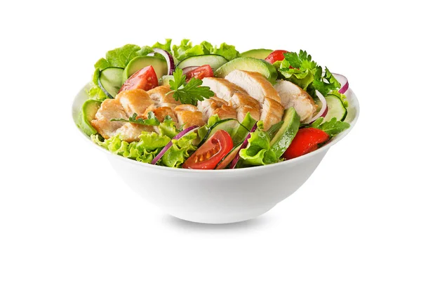 Healthy Green Salad Chicken Breast Avocado Fresh Vegetables Isolated White — Stock fotografie