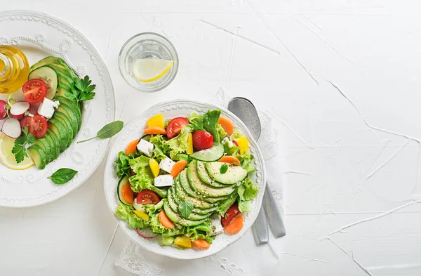 Healthy Green Salad Avocado Feta Cheese Fresh Vegetables White Background — 图库照片