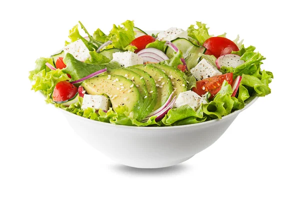 Healthy Green Salad Avocado Feta Cheese Fresh Vegetables Isolated White — Foto de Stock