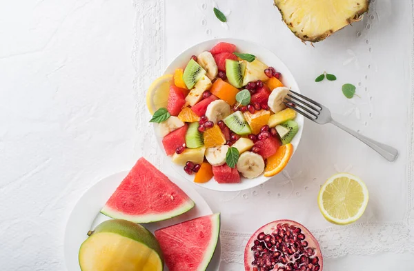 Bowl Healthy Fresh Fruit Salad White Background Top View — 스톡 사진