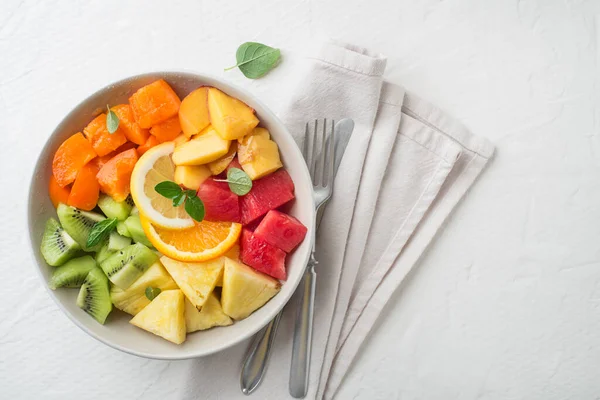 Bowl Healthy Fresh Tropical Fruit Salad White Background Top View — Stockfoto