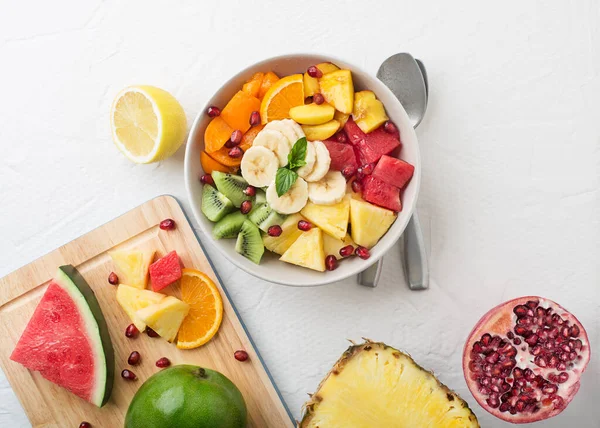 Bowl Healthy Fresh Fruit Salad White Background Top View — 스톡 사진