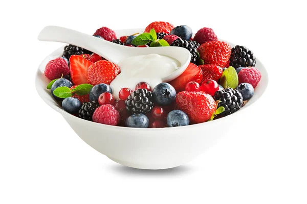 Bowl Healthy Fresh Berry Fruit Cream Isolated White Background Berries — Photo