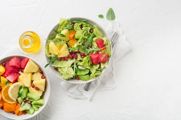 Fresh Salad Fruits Greens White Table Background Top View Space — Fotografia de Stock