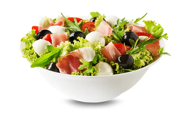 Gesunder Grüner Salat Mit Schinken Mozzarella Und Gemüse Auf Weißem — Stockfoto