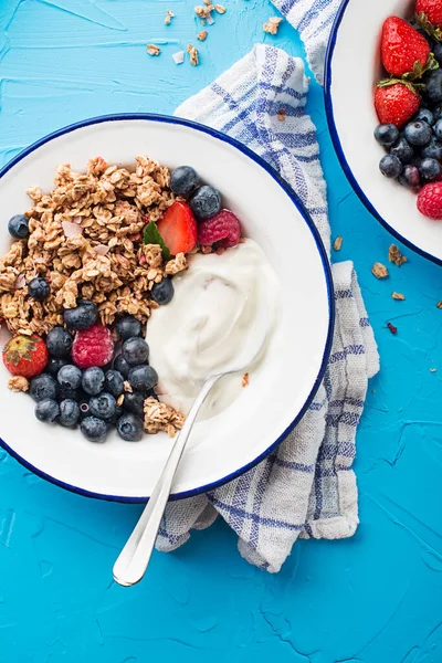 Plate Dry Granola Served Fresh Berry Fruit Yogurt Oatmeal Plate — Stock Fotó