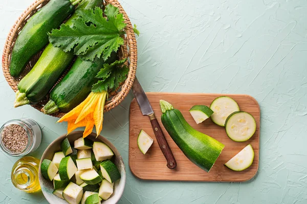 Slicing Fresh Zucchini Preparing Healthy Meal Ripe Zucchini Green Table — Stock Fotó