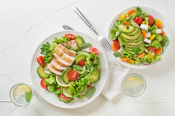 Healthy Green Salads Chicken Avocado Feta Cheese Fresh Vegetables White — Stockfoto