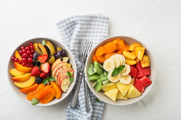 Bowls Healthy Fresh Fruit Salads White Background Top View — Zdjęcie stockowe