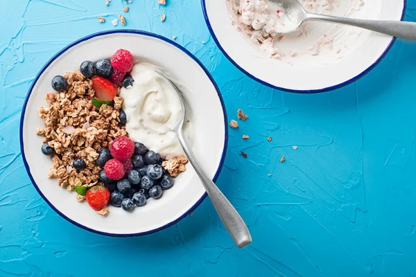 Plate Dry Granola Served Fresh Berry Fruit Yogurt Oatmeal Plate — Stock Photo, Image