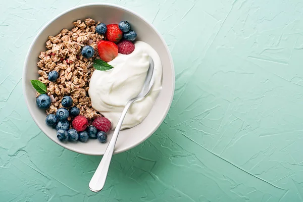 Plate Dry Granola Served Fresh Berry Fruit Yogurt Oatmeal Plate — стоковое фото