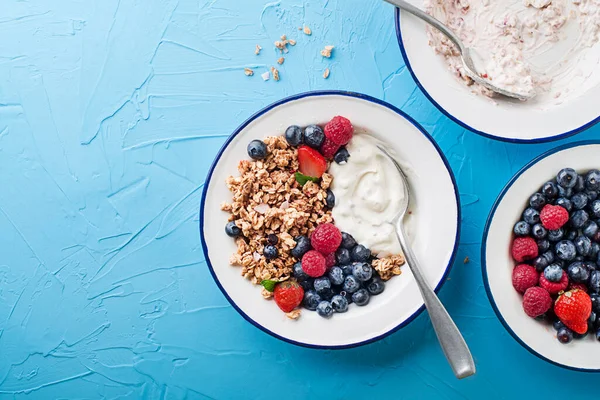 Plate Dry Granola Served Fresh Berry Fruit Yogurt Oatmeal Plate — Stockfoto