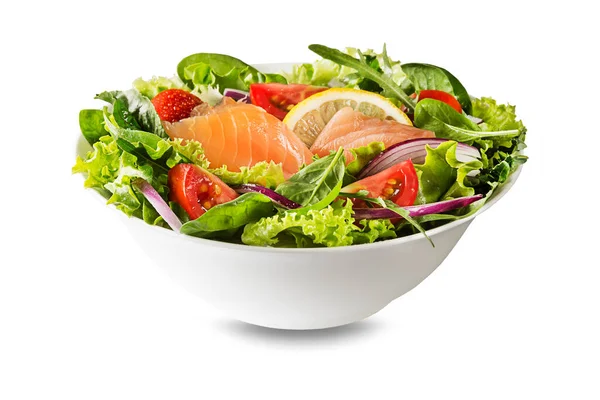 Fresh Green Leafy Salad Smoked Salmon Cherry Tomato Onion Isolated — Stok fotoğraf