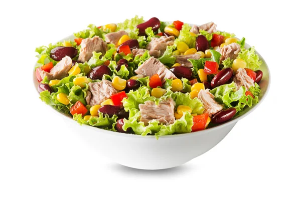 Healthy Green Salad Tuna Corn Peppers Beans Isolated White Background — 图库照片