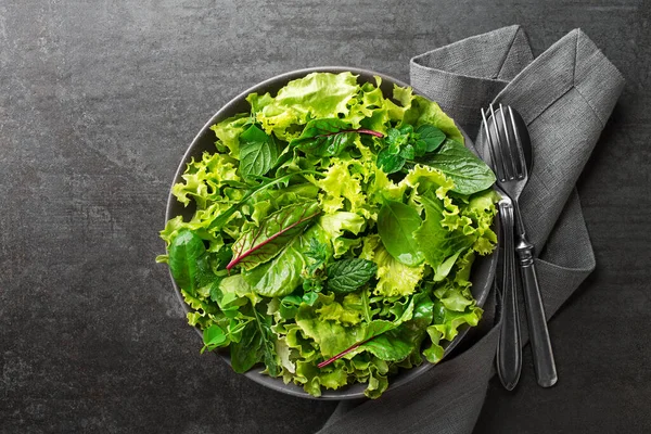 Fresh Green Leafy Salad Herbs Dark Table Background Concept Tasty — Stockfoto
