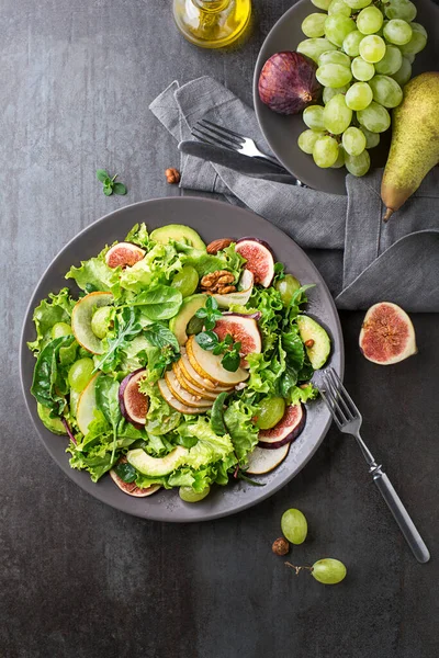 Fresh Green Leafy Salad Fruits Nuts Dark Table Background Concept — Stockfoto