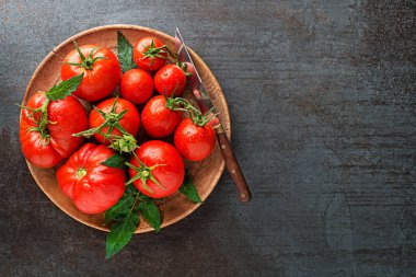 Koyu arkaplanda tabakta taze domatesler. Domates hasadı. Üst görünüm