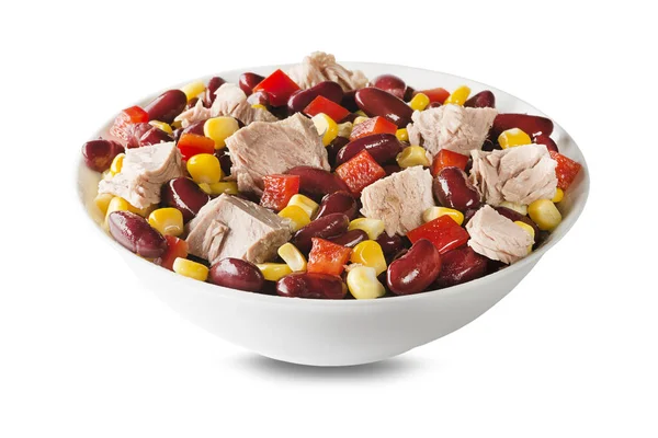 Healthy tuna salad with corn, peppers and beans isolated on white background. Mexican corn salad.