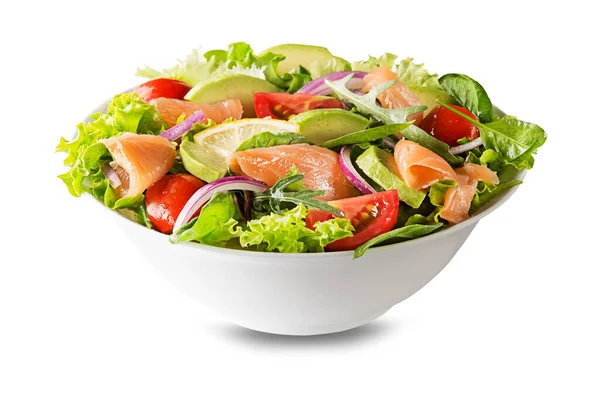 Taze Yeşil Marul Salatası Füme Somon Kiraz Domatesleri Beyaz Arka — Stok fotoğraf