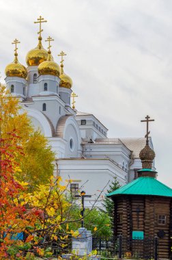Din için sonbahar ağaçları olan güzel bir kilise. 