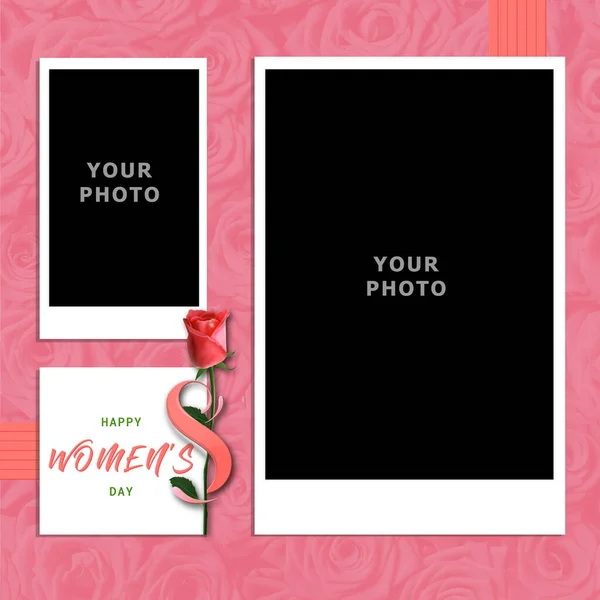 Március Nemzetközi Női Nap Üdvözlőkártya Fotó Betét Ablak Gyönyörű Rózsaszín — Stock Fotó