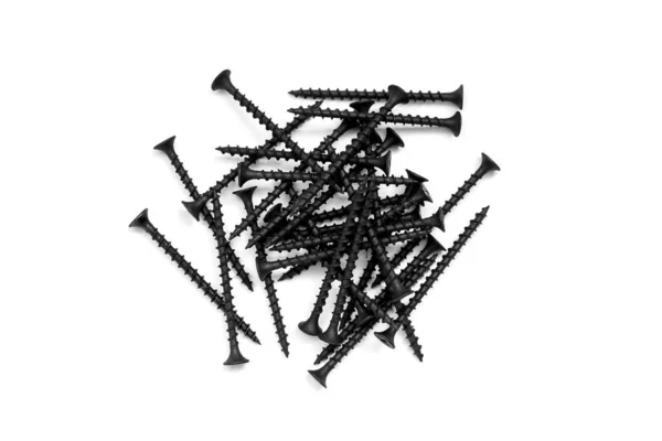 Long Black Screws Construction Close White Background — 스톡 사진