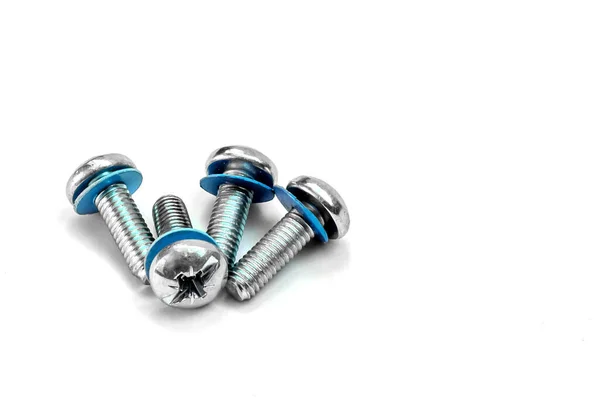 Screws Bolts Fasteners Screwdriver Blue Washer White Background — Stock Photo, Image