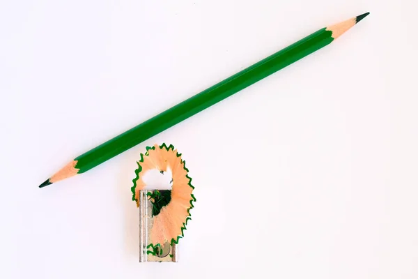 Green Graphite Pencil Drawing Pencil Sharpener White Background — Photo
