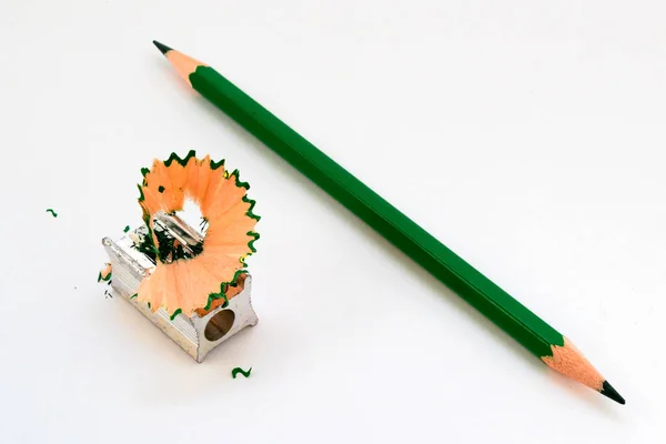 Green Graphite Pencil Drawing Pencil Sharpener White Background — Stock fotografie