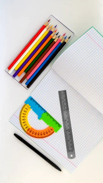 Notebook Pen Ruler Protractor Set Colored Pencils Drawing White Background — Stock Fotó