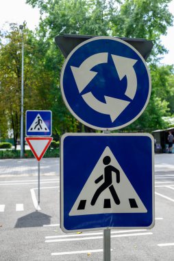 road signs and road markings for teaching children in the city park