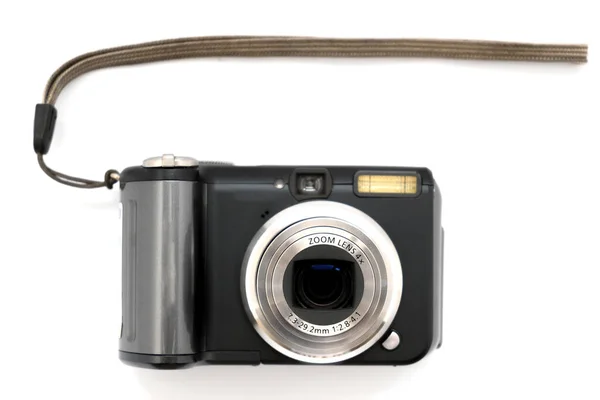 Compact Digital Camera Black Gray Zoom Lens White Background Close — Foto de Stock