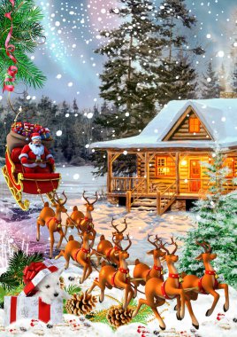 new year and christmas santa claus on a sleigh with deer against the backdrop of a house in the village in winter