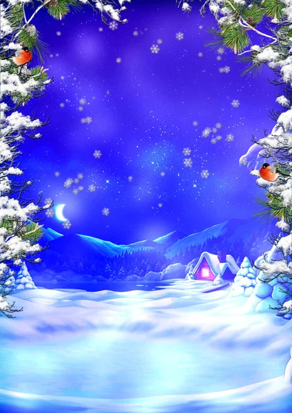Bullfinches House Winter Forest Backdrop Mountains Wallpaper New Year Christmas — ストック写真