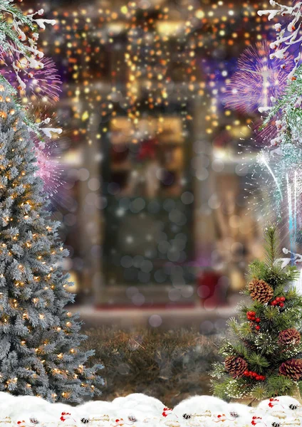 Christmas Tree Cones Garlands Background Lights Form Bokeh — Foto de Stock
