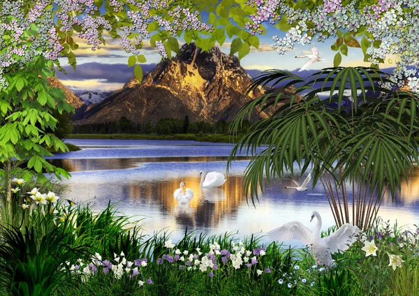 white swans on a blue lake against the backdrop of high mountains and a blue sky at sunset on a summer day