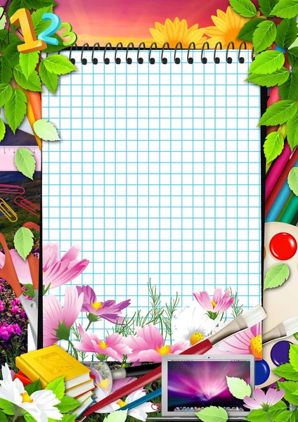 school frame with notepad, notebook books and drawing paints for decoration and design