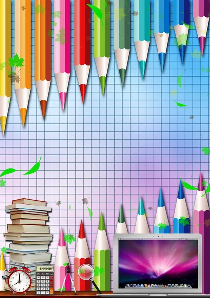 school background wallpaper with pencils books calculator and laptop for design