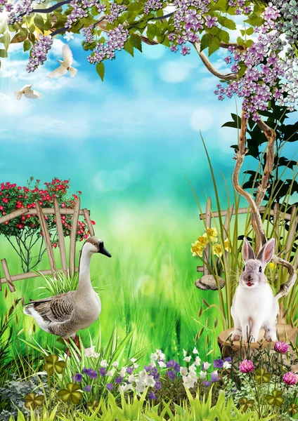 Hare Stump Goose Lawn Doves Sky Background Wooden Fence Grass — Foto de Stock