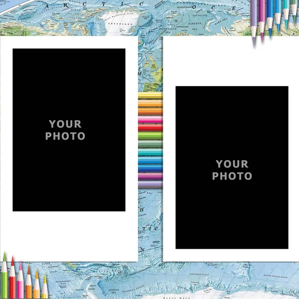 School Photo Frame Insert Your Photo Background World Map Colored —  Fotos de Stock